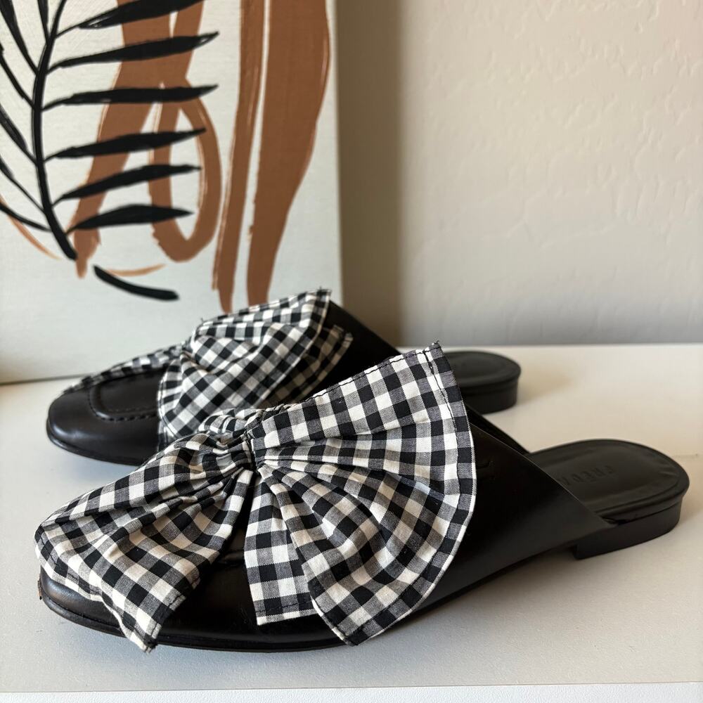 Freda Salvador Ono Mule Black Leather Gingham Bow‎ Tie Flat Slip On Mules Sz 7.5